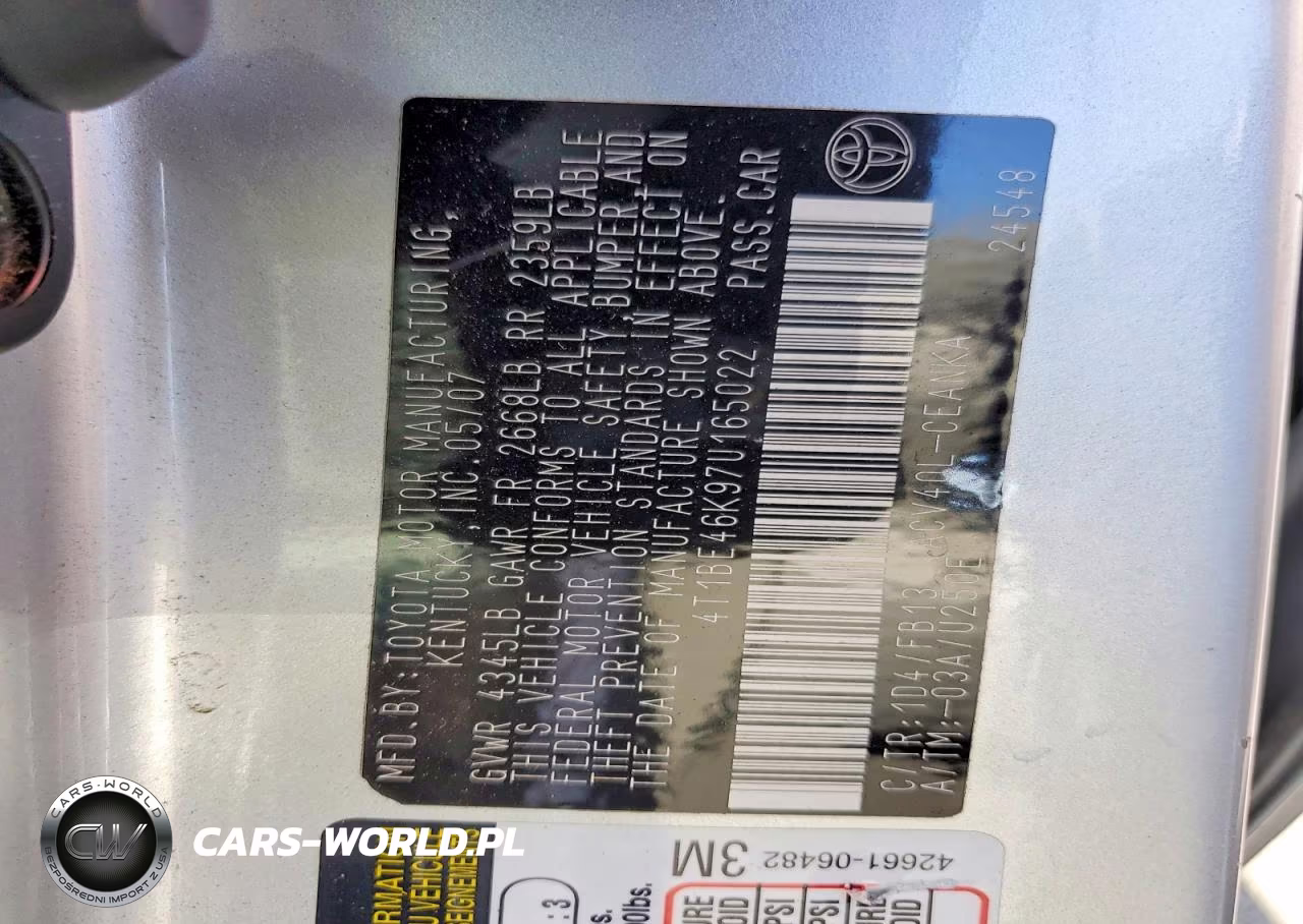 2007 Toyota Camry Ce VIN:4T1BE46K97U165022 - 12