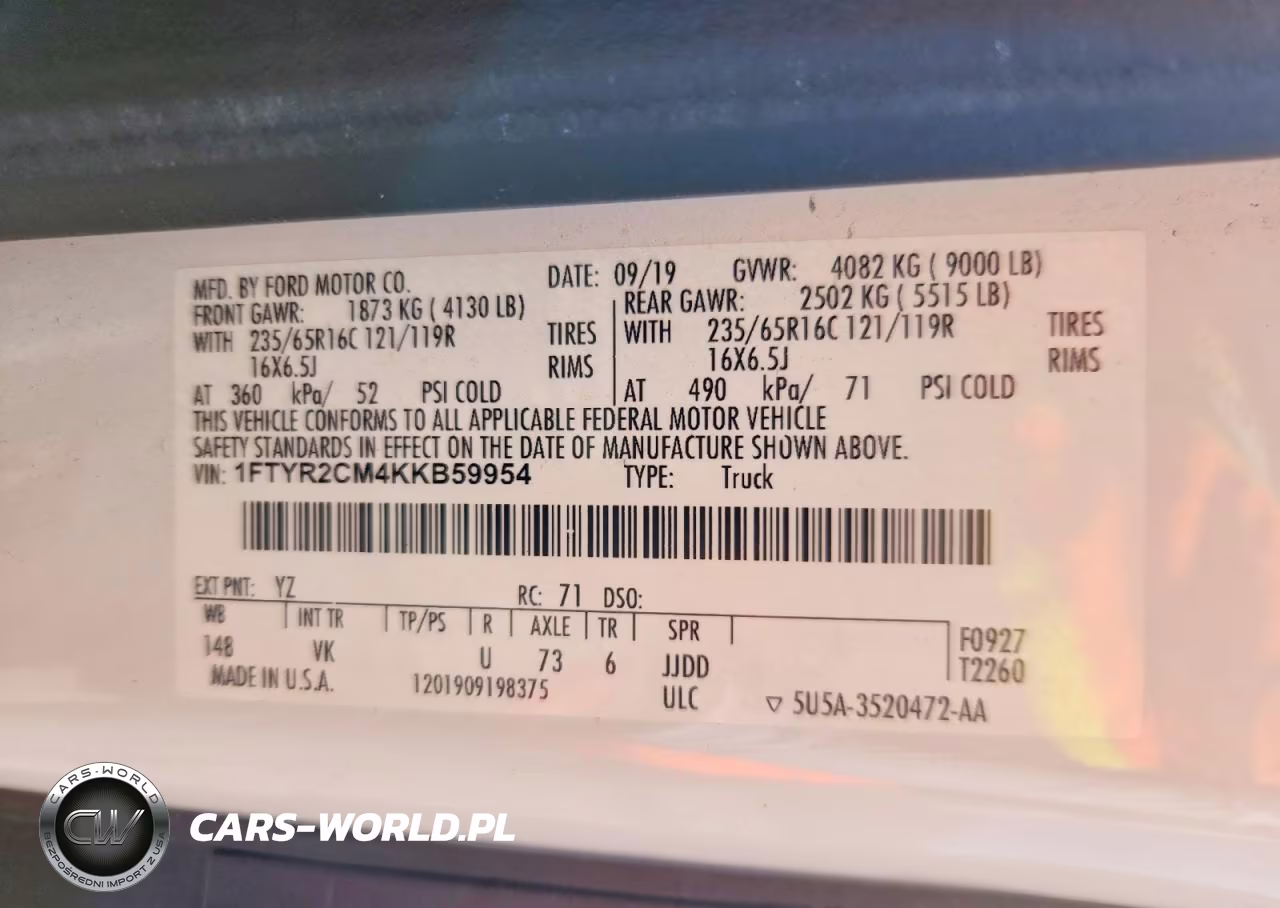 2019 Ford Transit T-250 VIN:1FTYR2CM4KKB59954 - 12
