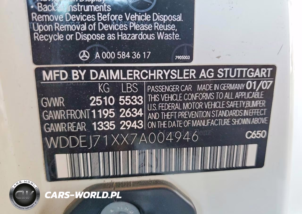2007 Mercedes-Benz Cl 550 VIN:WDDEJ71XX7A004946 - 12