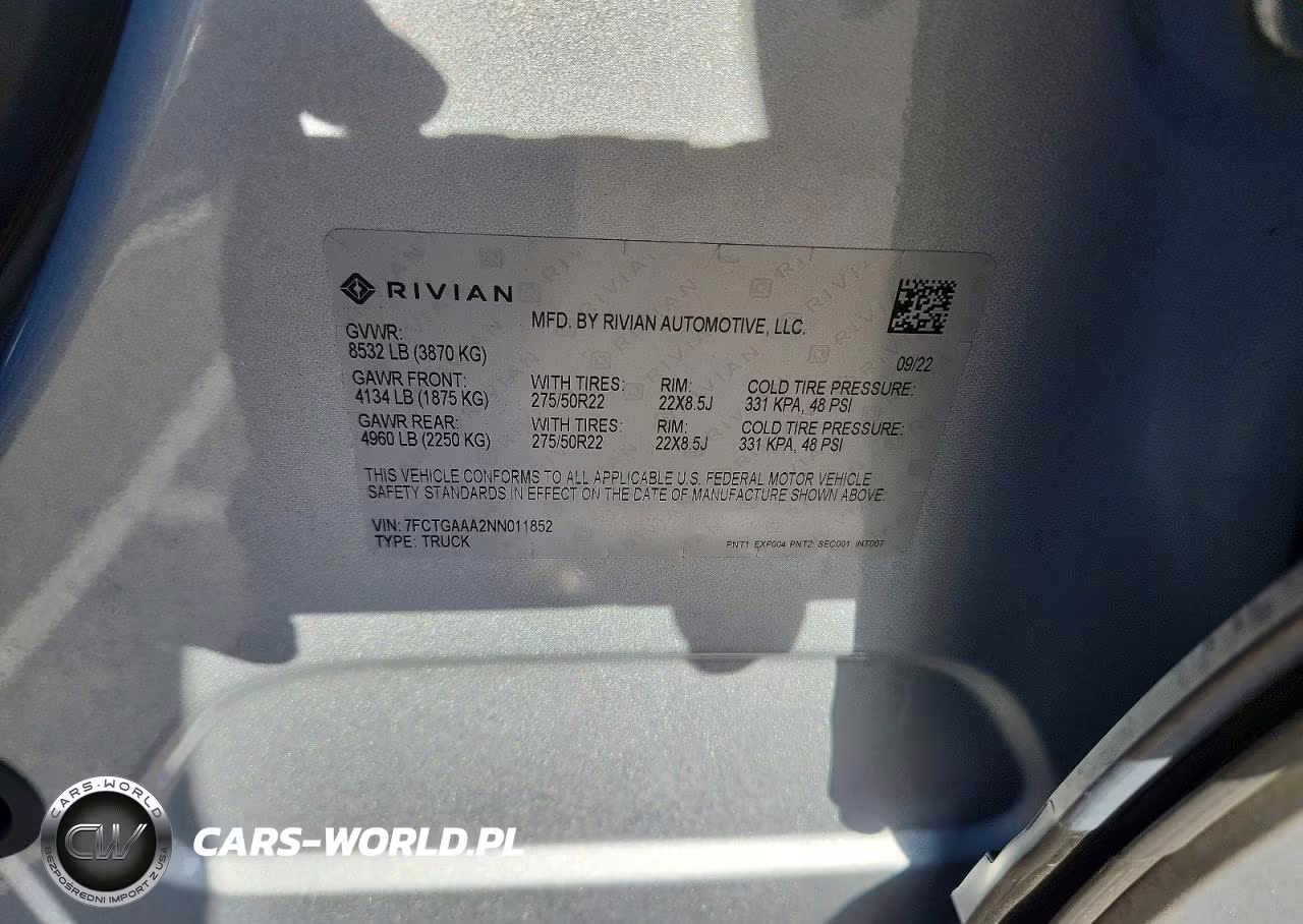 2022 Rivian R1T Adventure VIN:7FCTGAAA2NN011852 - 12