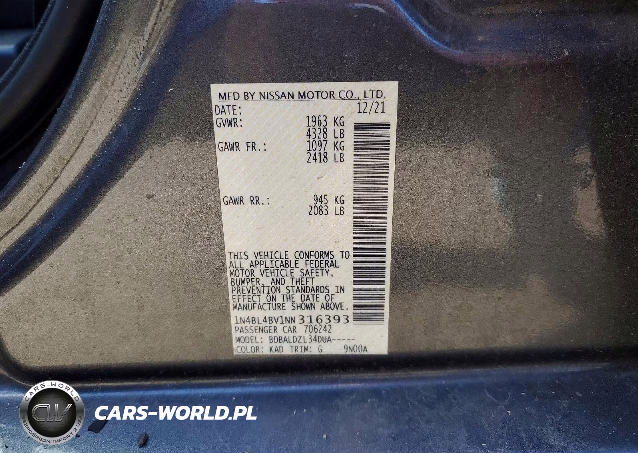 2022 Nissan Altima S VIN:1N4BL4BV1NN316393 - 12