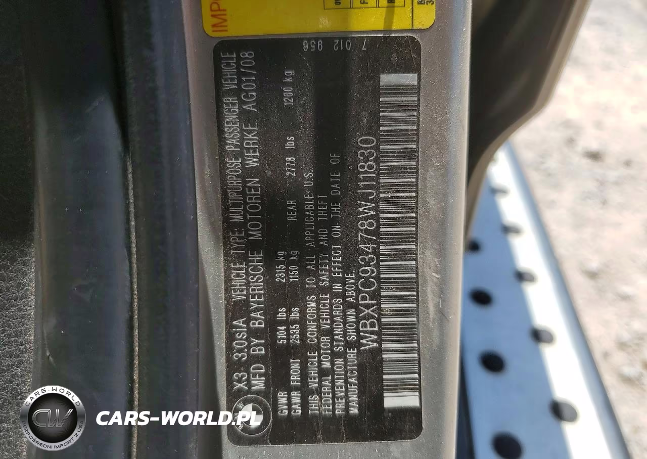 2008 BMW X3 3.0Si VIN:WBXPC93478WJ11830 - 13