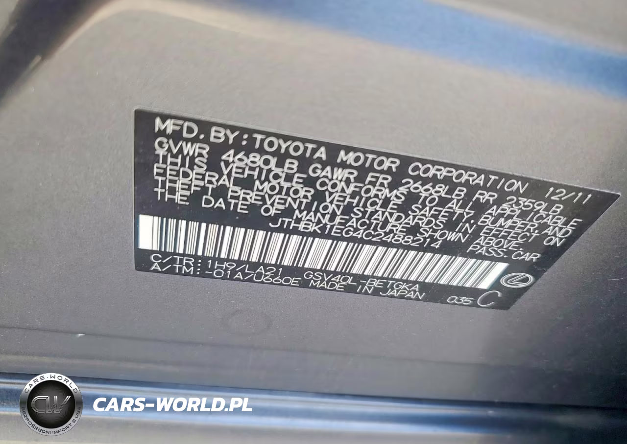 2012 Lexus Es 350 VIN:JTHBK1EG4C2488214 - 13