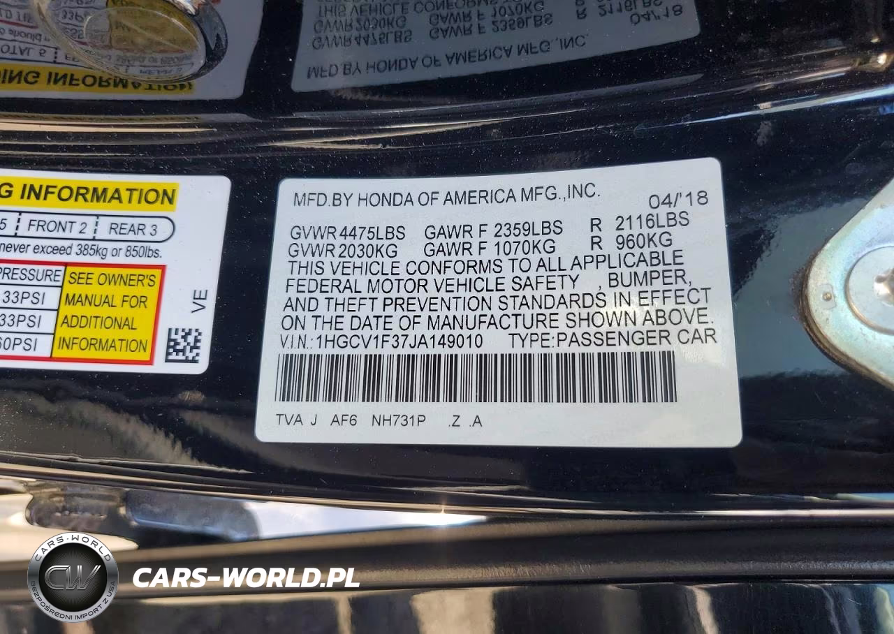 2018 Honda Accord Sport VIN:1HGCV1F37JA149010 - 12