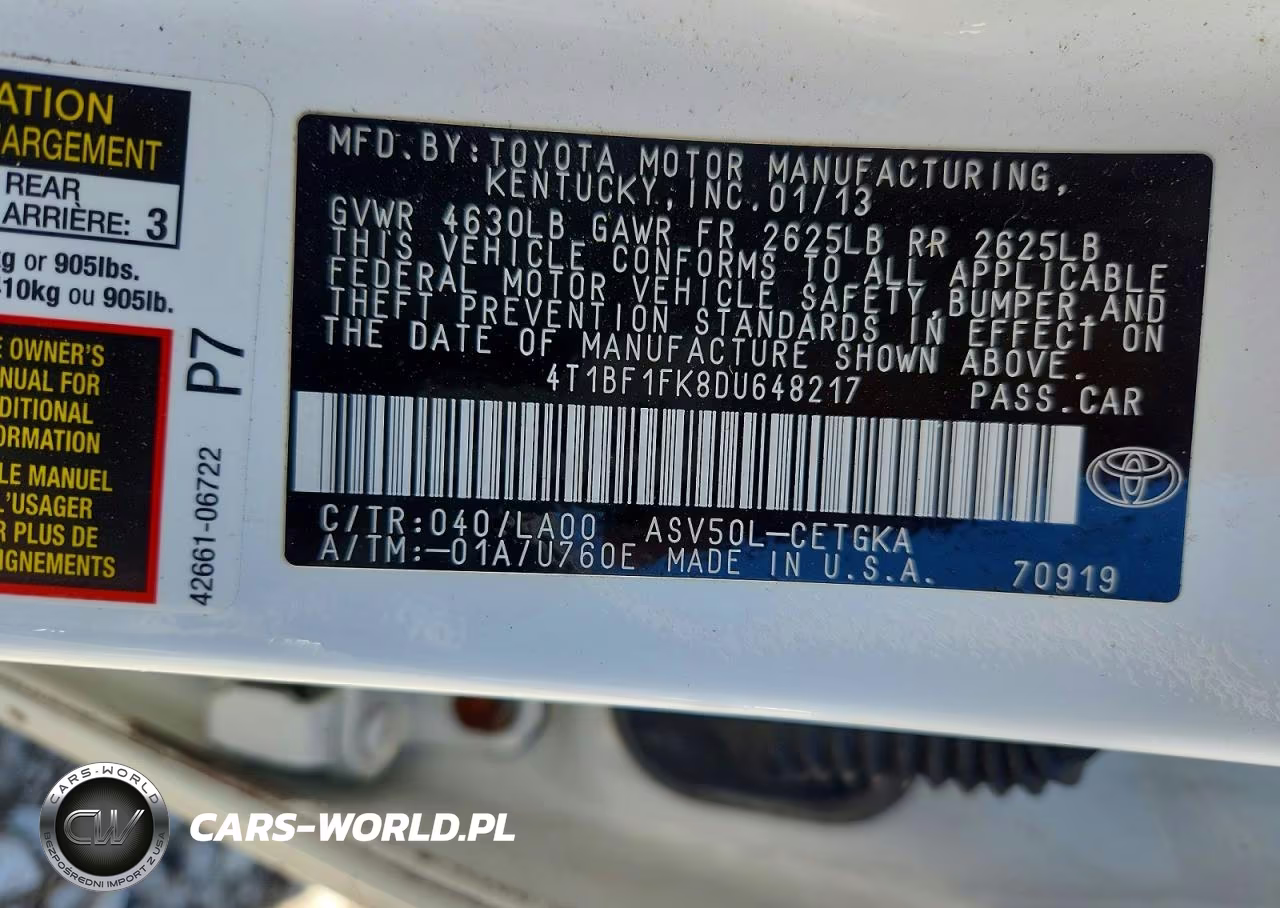 2013 Toyota Camry Xle VIN:4T1BF1FK8DU648217 - 12
