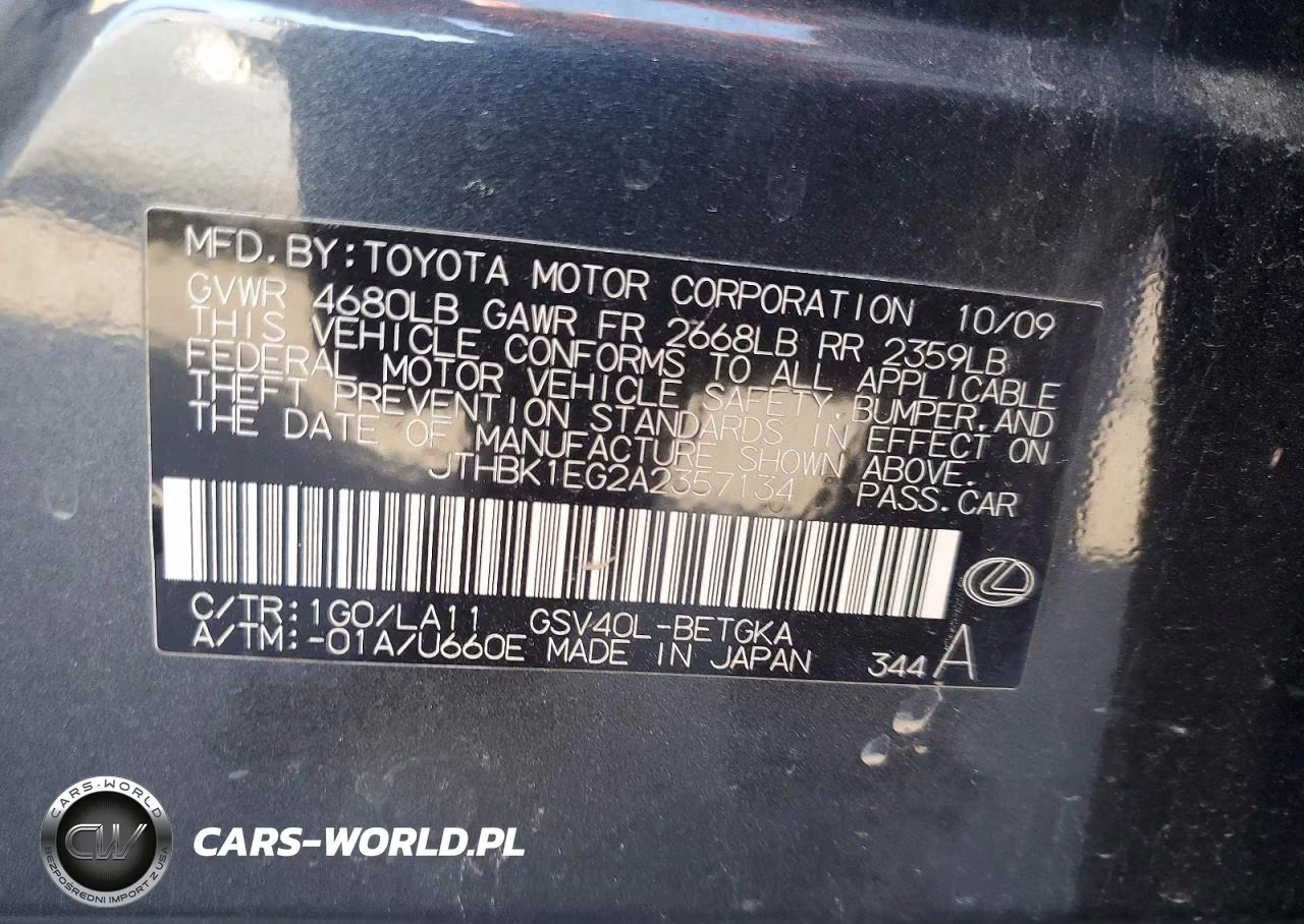 2010 Lexus Es 350 VIN:JTHBK1EG2A2357134 - 12