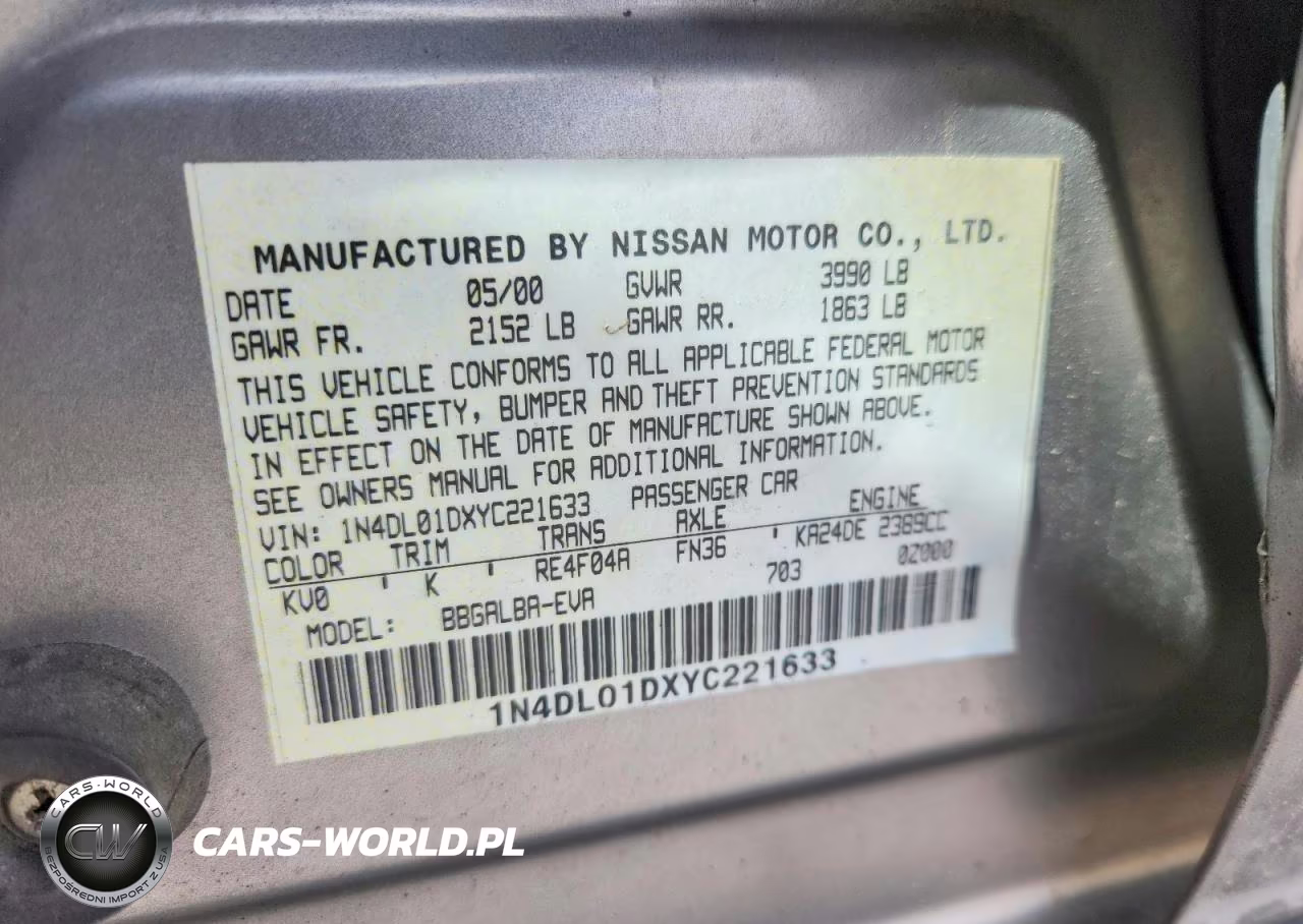2000 Nissan Altima Xe VIN:1N4DL01DXYC221633 - 12