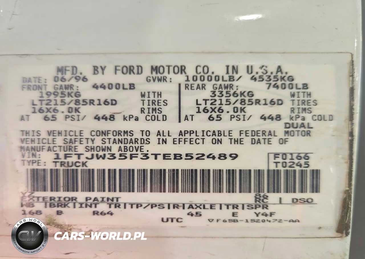 1996 Ford F350 VIN:1FTJW35F3TEB52489 - 13