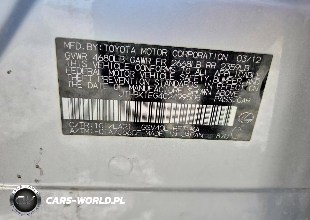 2012 Lexus Es 350 VIN:JTHBK1EG4C2499505 - 12