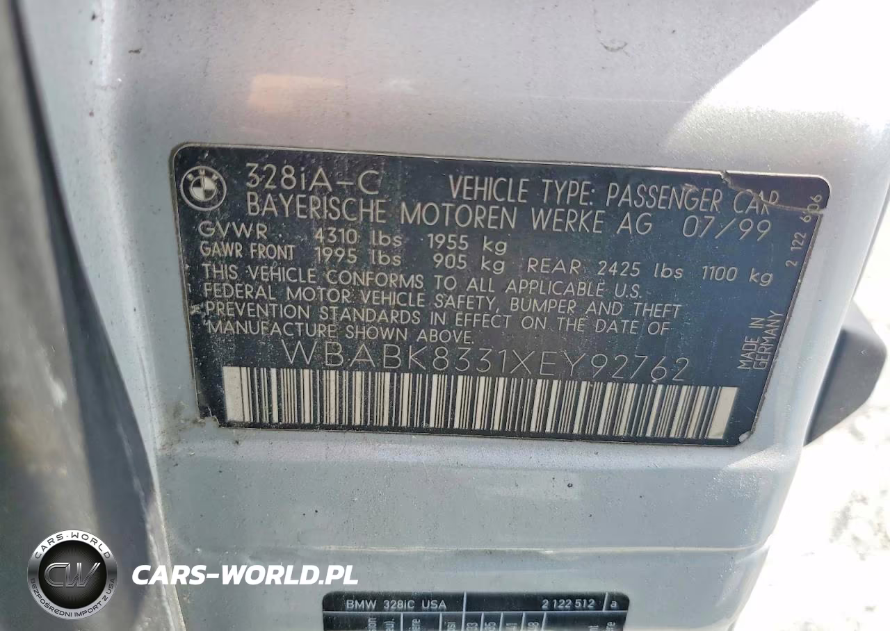 1999 BMW 328 Ic Automatic VIN:WBABK8331XEY92762 - 12