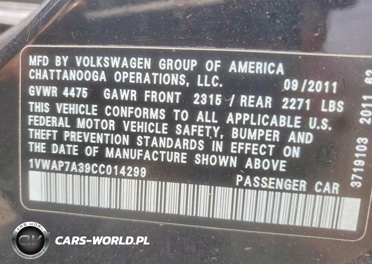 2012 Volkswagen Passat S VIN:1VWAP7A39CC014299 - 12