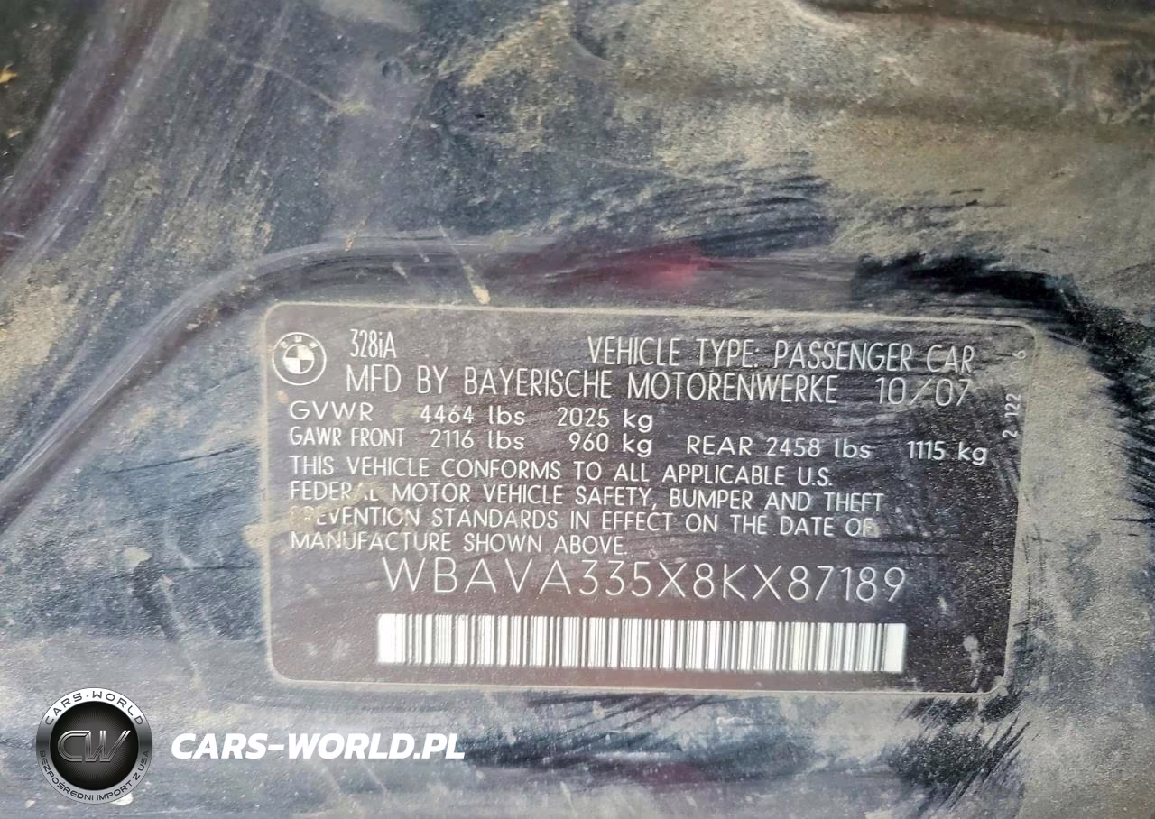 2008 BMW 328 I VIN:WBAVA335X8KX87189 - 12