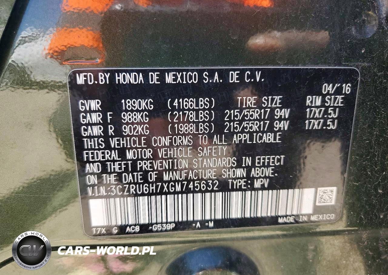 2016 Honda Hr-V Exl VIN:3CZRU6H7XGM745632 - 13