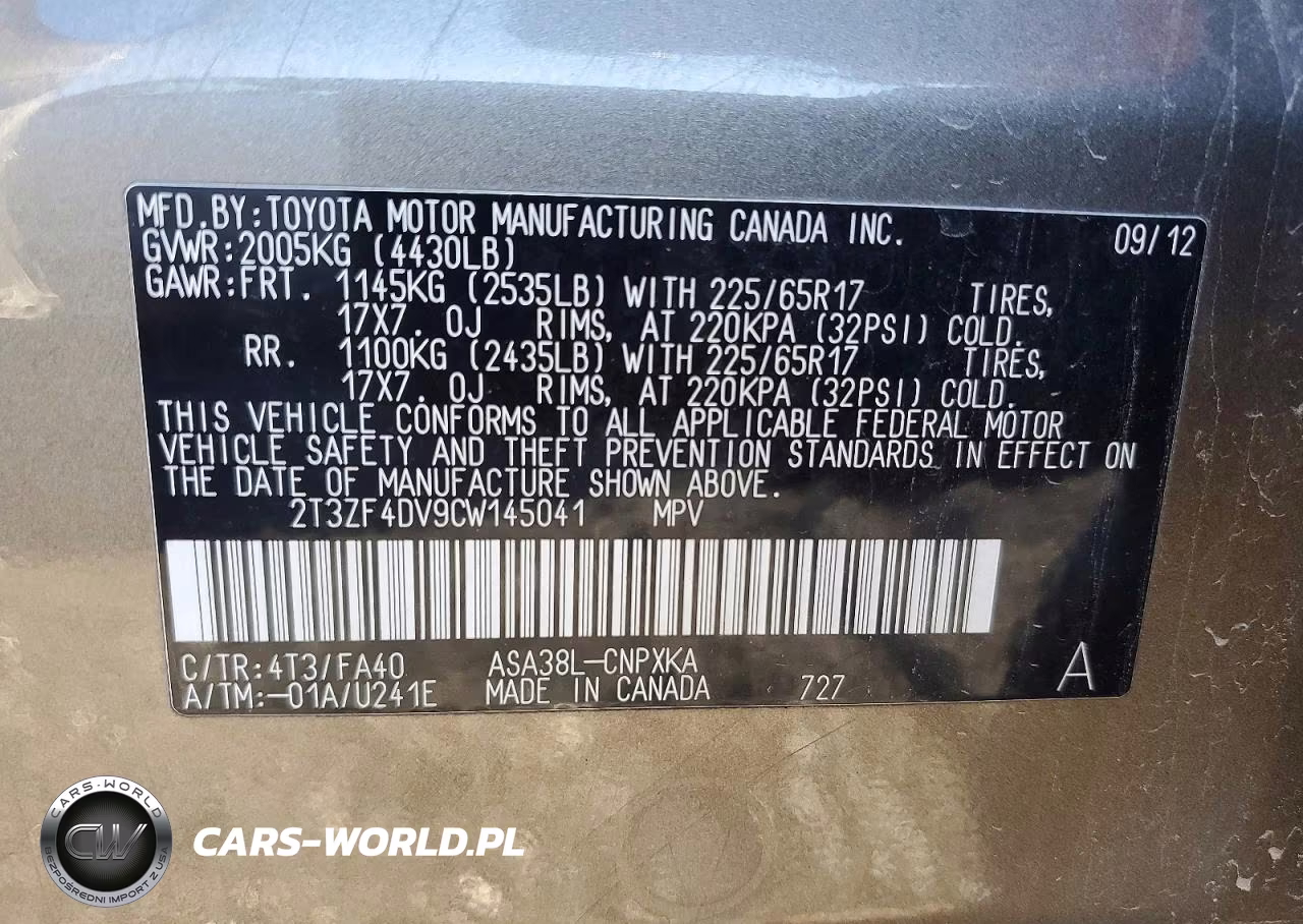 2012 Toyota Rav4 Base VIN:2T3ZF4DV9CW145041 - 12