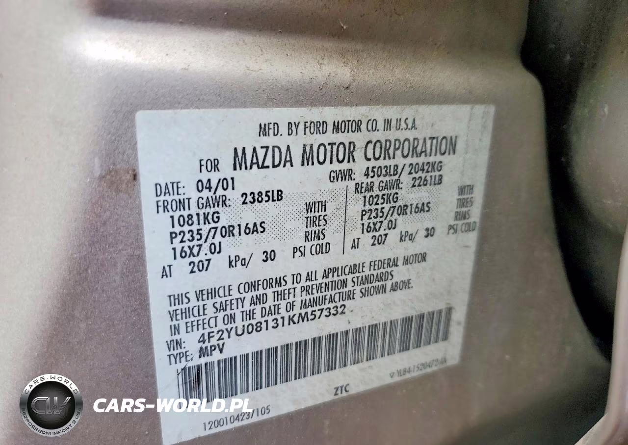 2001 Mazda Tribute Lx VIN:4F2YU08131KM57332 - 13