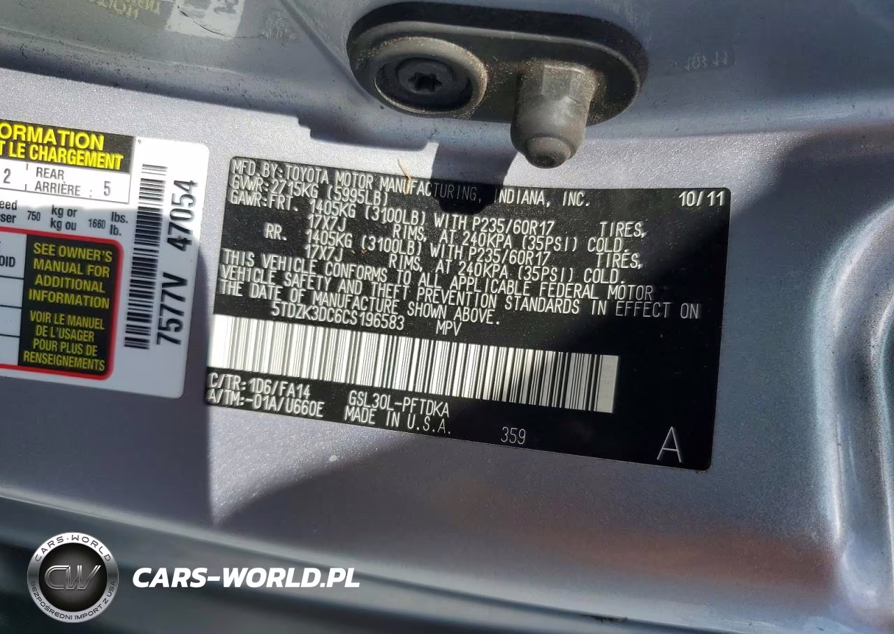 2012 Toyota Sienna Base 7-Passenger VIN:5TDZK3DC6CS196583 - 14