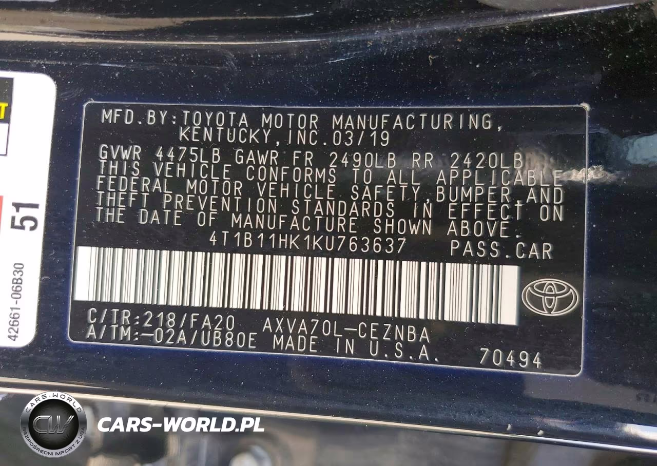 2019 Toyota Camry Le VIN:4T1B11HK1KU763637 - 12