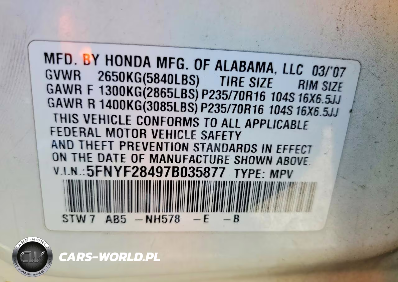 2007 Honda Pilot Ex VIN:5FNYF28497B035877 - 13