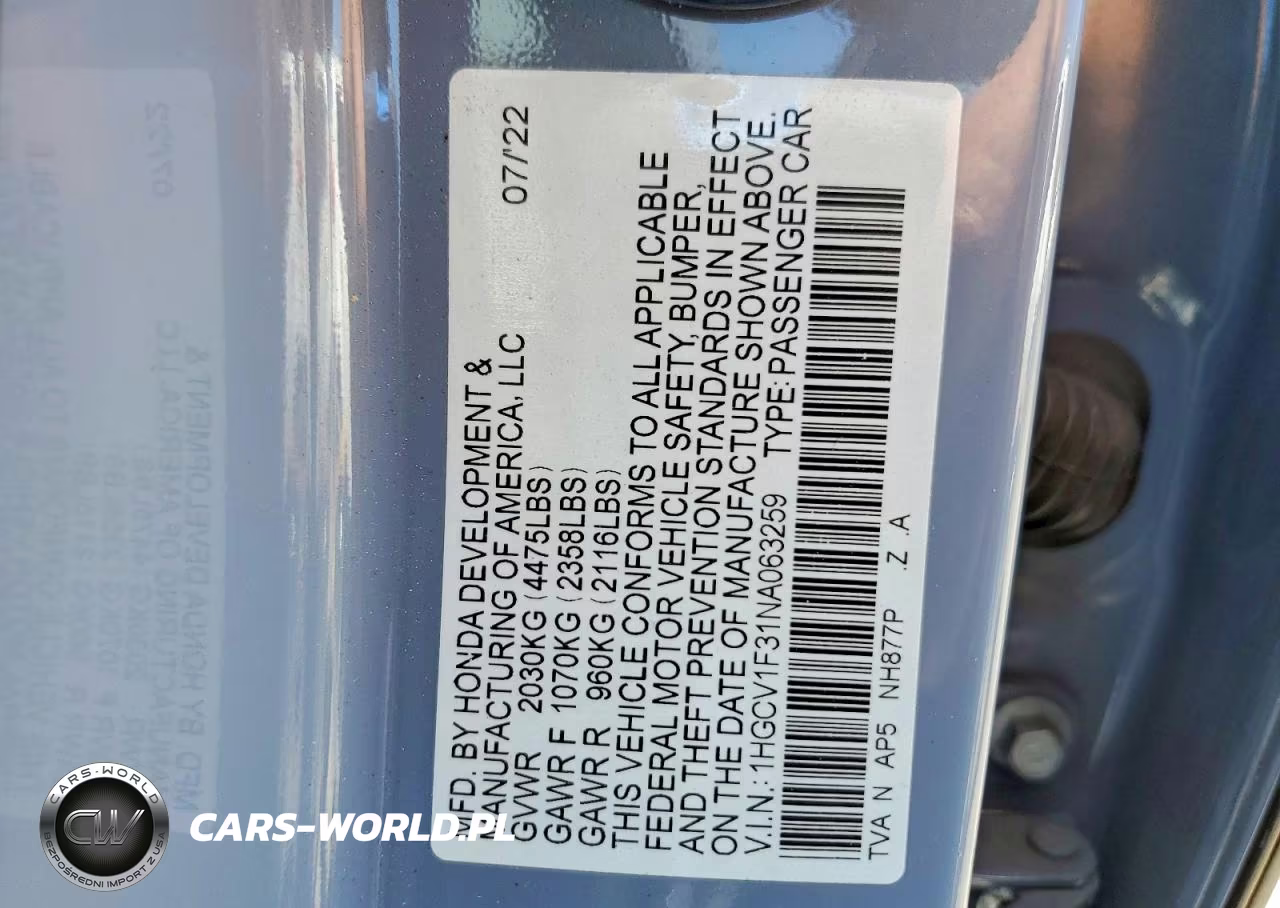 2022 Honda Accord Sport VIN:1HGCV1F31NA063259 - 12