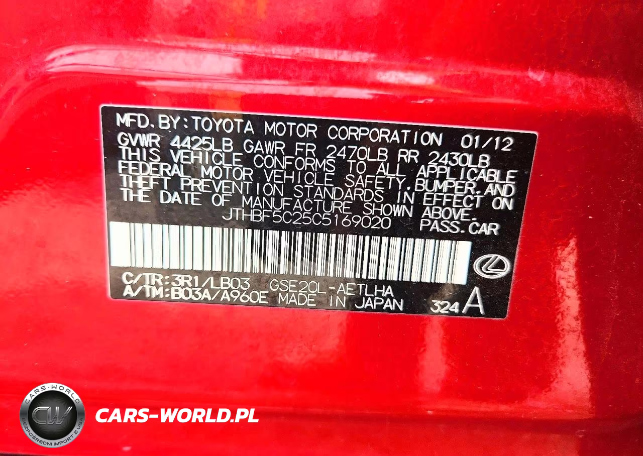 2012 Lexus Is 250 VIN:JTHBF5C25C5169020 - 12