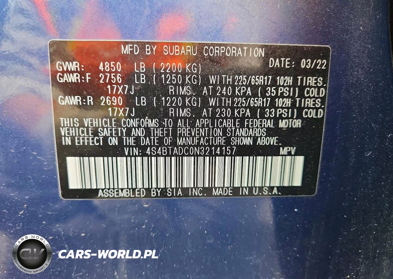 2022 Subaru Outback Premium VIN:4S4BTADC0N3214157 - 14