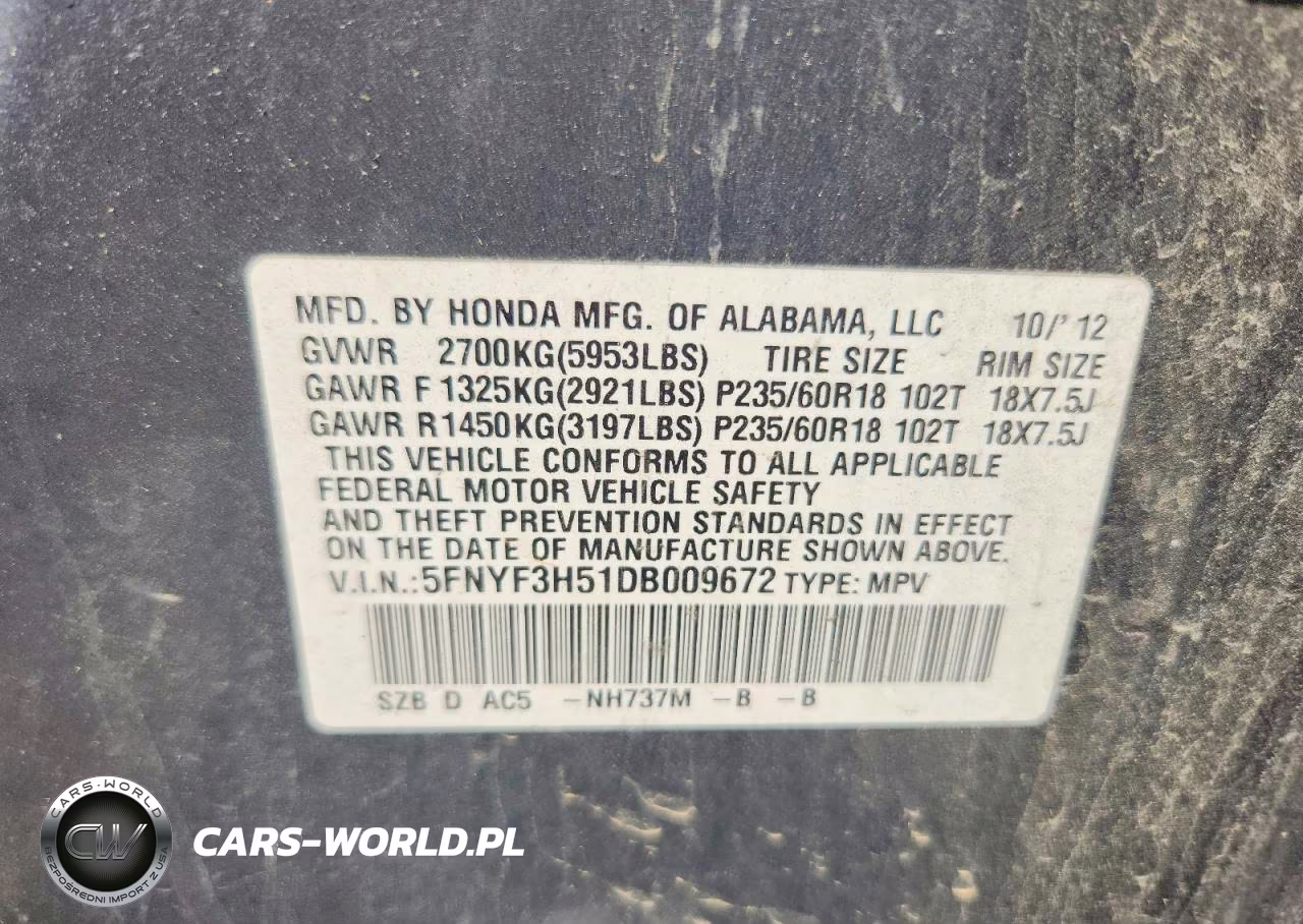 2013 Honda Pilot Exl VIN:5FNYF3H51DB009672 - 13