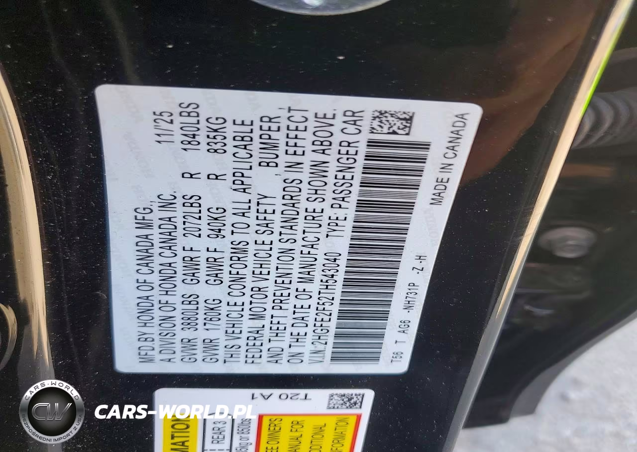 2026 Honda Civic Sport VIN:2HGFE2F52TH543040 - 12