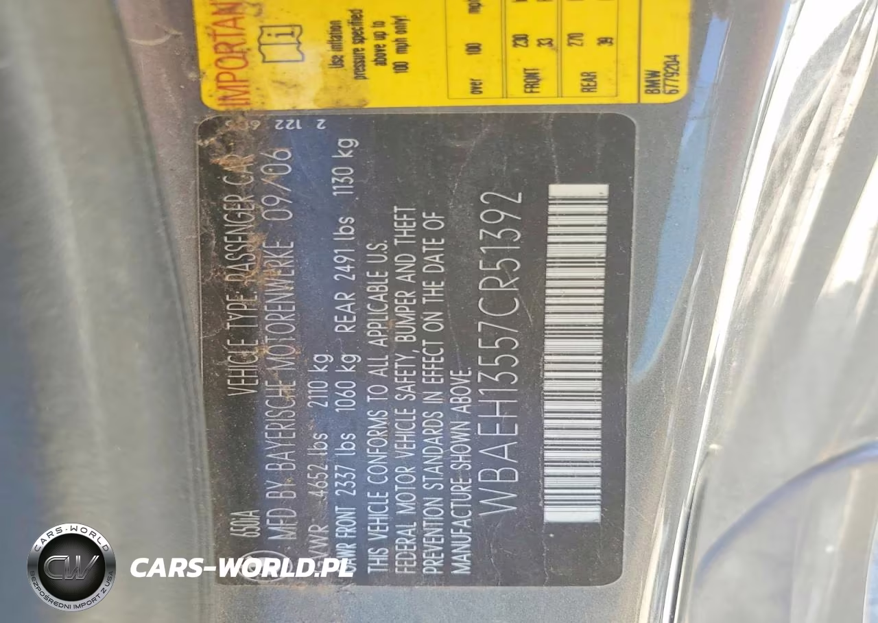 2007 BMW 650 I VIN:WBAEH13557CR51392 - 12