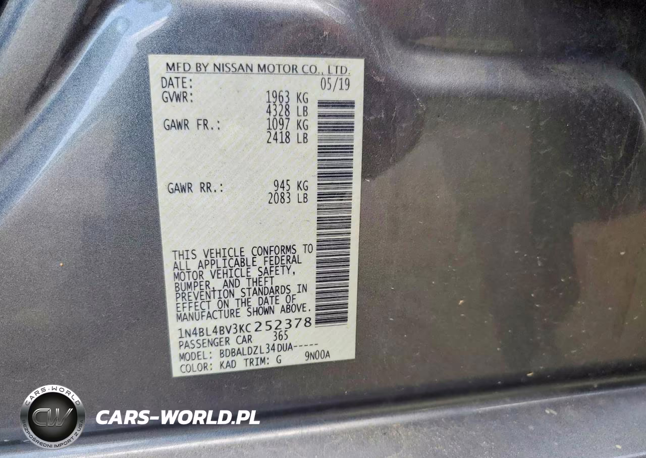 2019 Nissan Altima S VIN:1N4BL4BV3KC252378 - 12