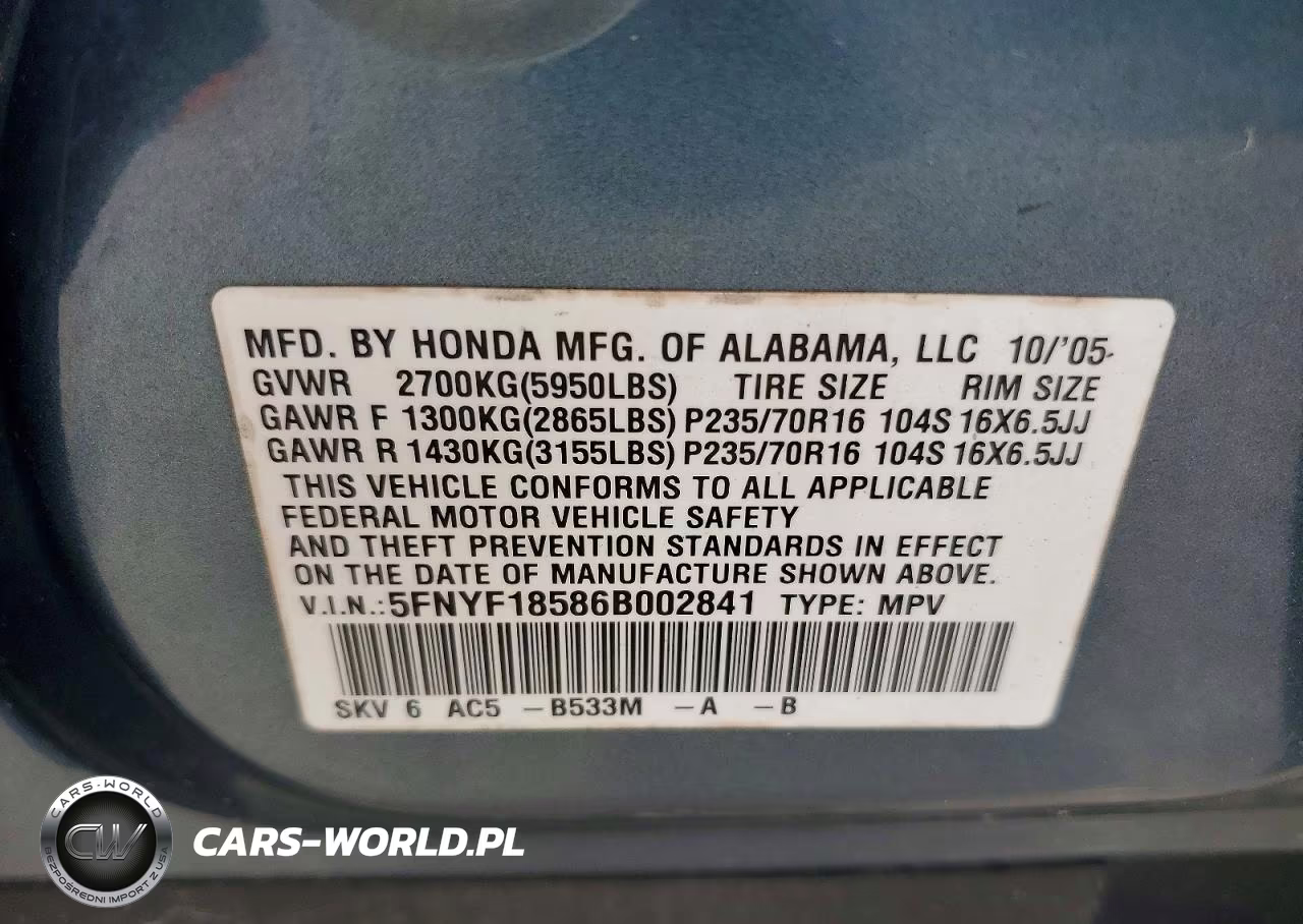 2006 Honda Pilot Ex VIN:5FNYF18586B002841 - 12