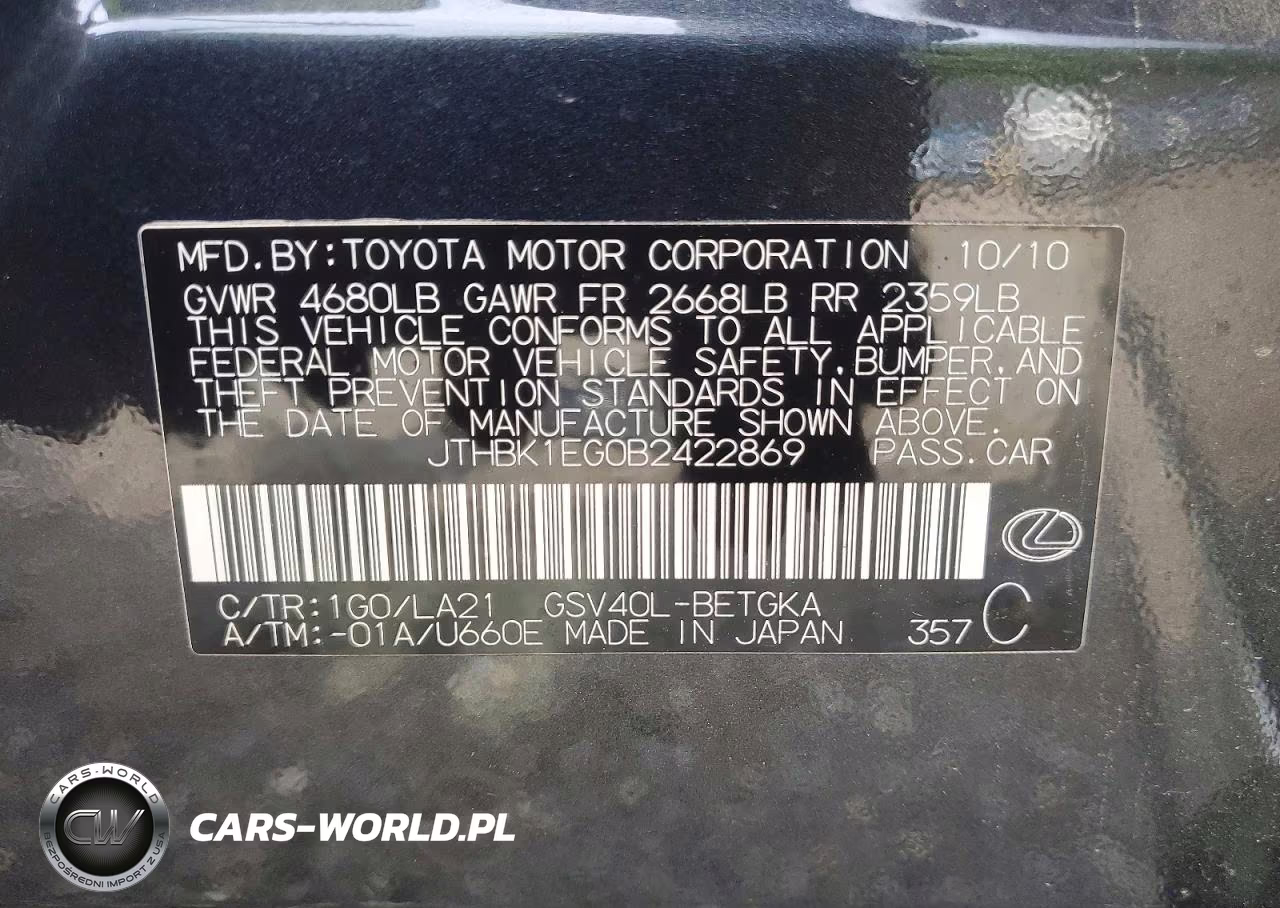 2011 Lexus Es 350 VIN:JTHBK1EG0B2422869 - 12