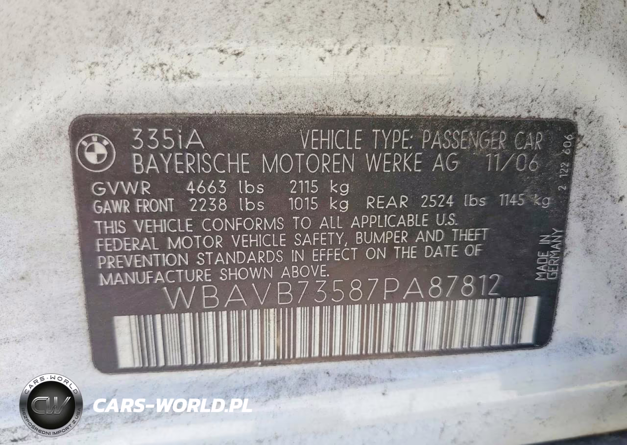 2007 BMW 335 I VIN:WBAVB73587PA87812 - 12