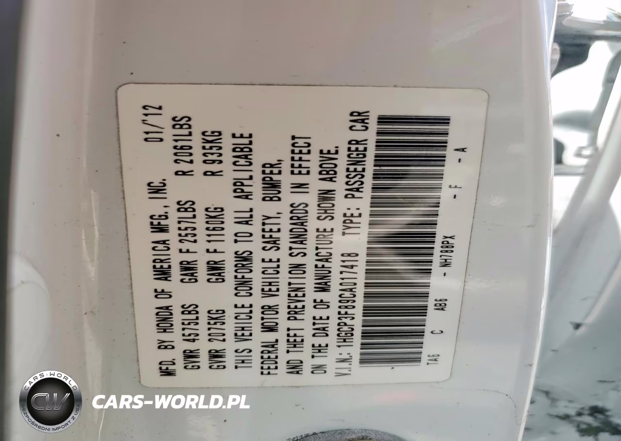 2012 Honda Accord Exl VIN:1HGCP3F89CA017418 - 12