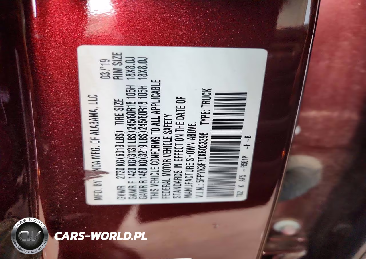 2019 Honda Ridgeline Rtl VIN:5FPYK3F70KB033398 - 13