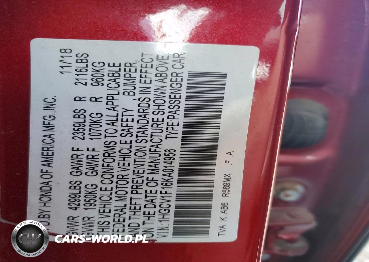 2019 Honda Accord Lx VIN:1HGCV1F16KA014956 - 12