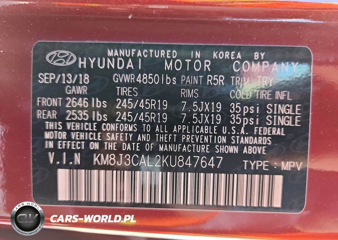 2019 Hyundai Tucson Sport VIN:KM8J3CAL2KU847647 - 14