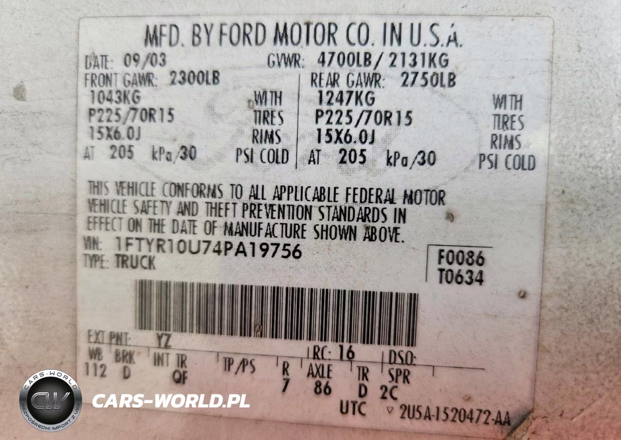 2004 Ford Ranger VIN:1FTYR10U74PA19756 - 12