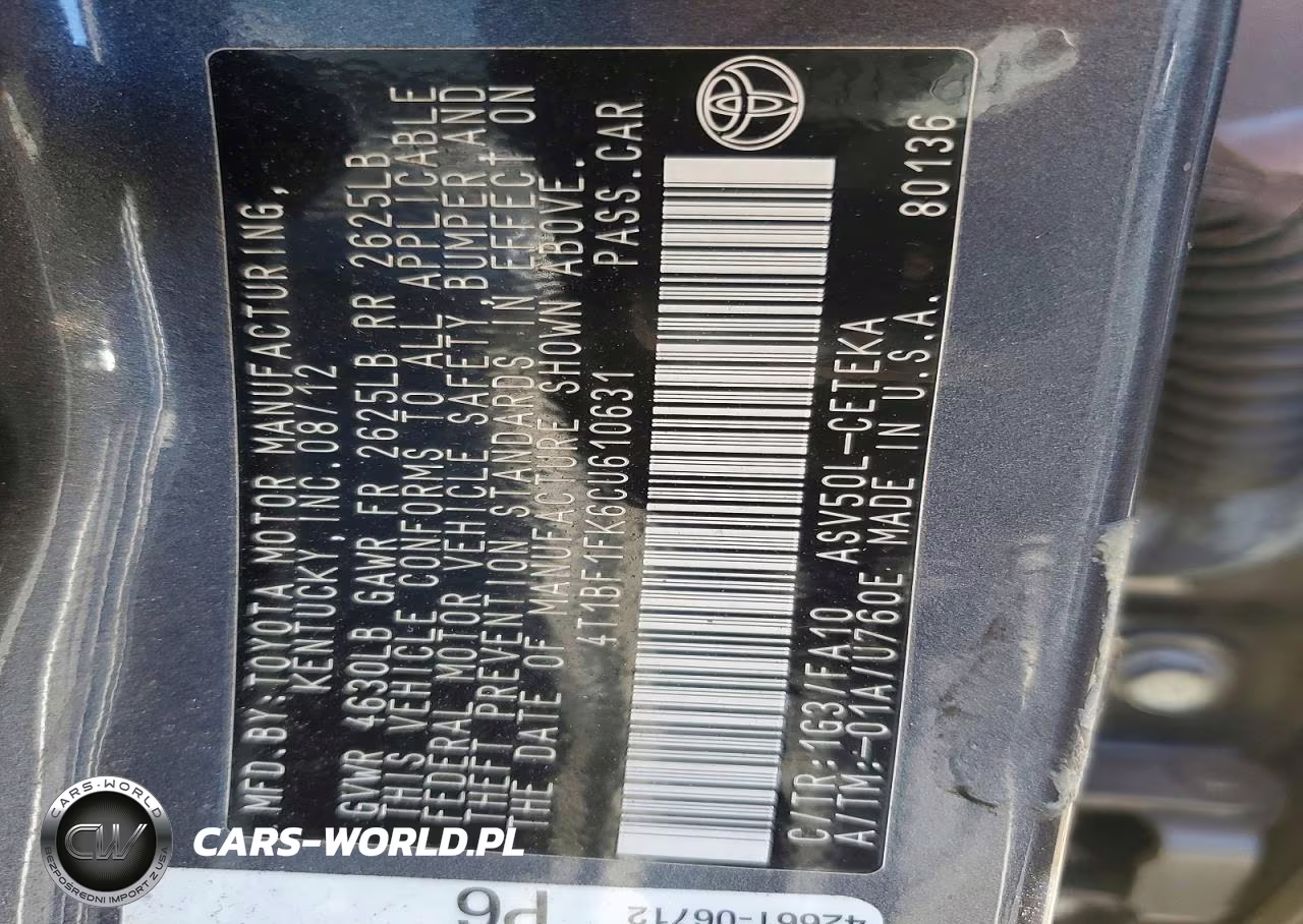 2012 Toyota Camry L VIN:4T1BF1FK6CU610631 - 12