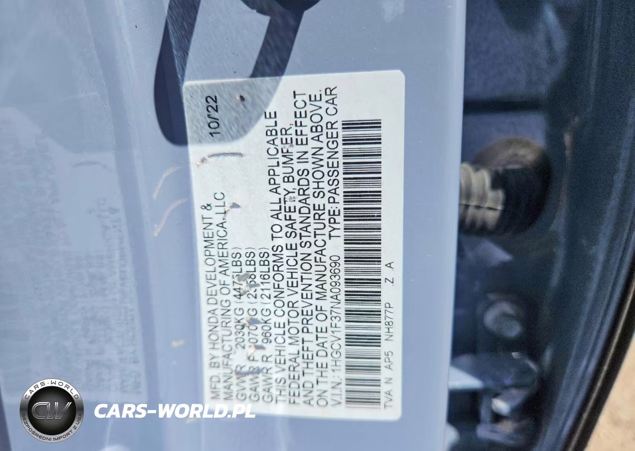 2022 Honda Accord Sport VIN:1HGCV1F37NA093690 - 12