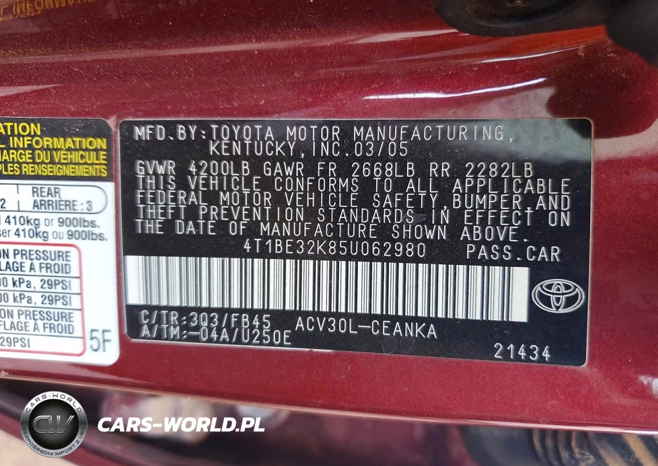 2005 Toyota Camry Le VIN:4T1BE32K85U062980 - 12
