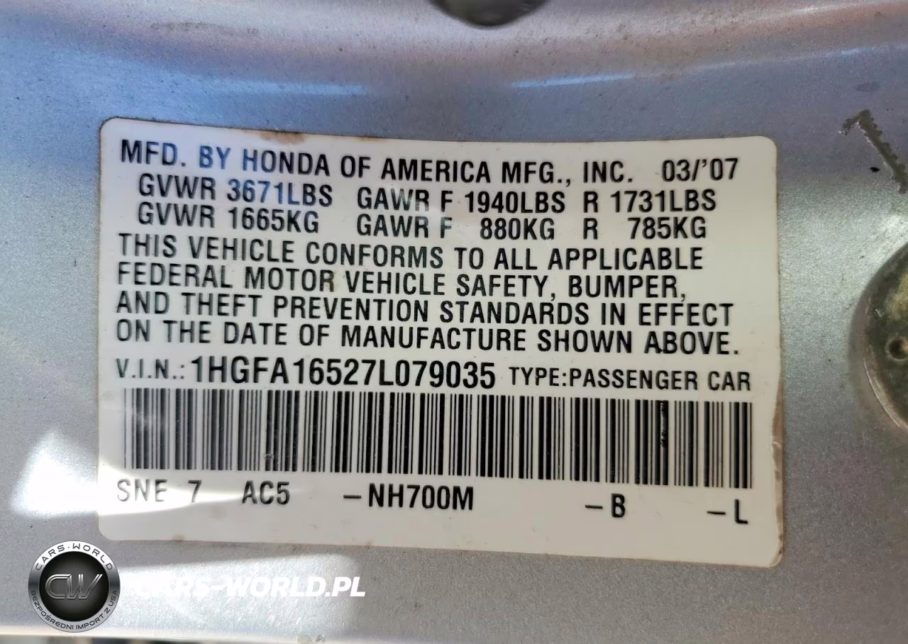 2007 Honda Civic Lx VIN:1HGFA16527L079035 - 12