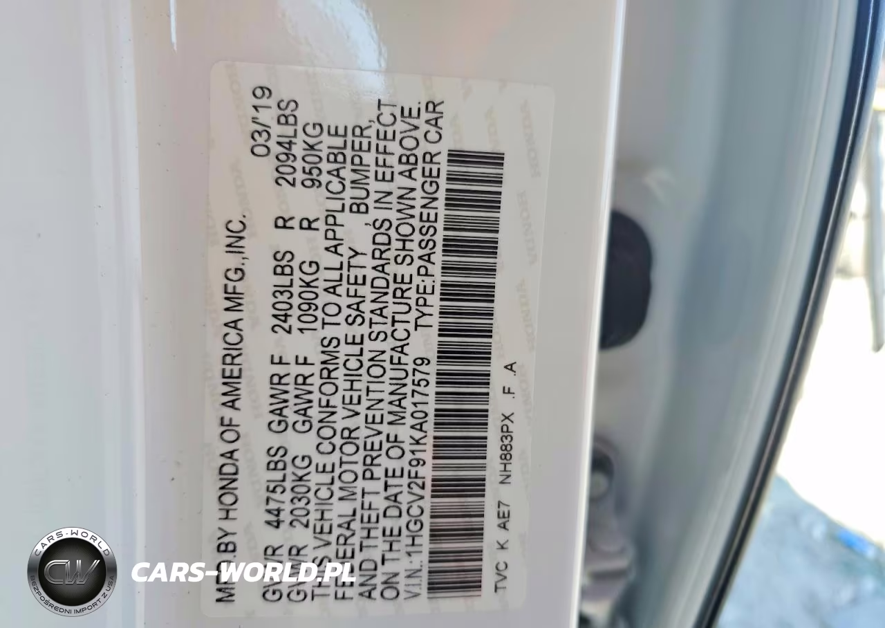 2019 Honda Accord Touring VIN:1HGCV2F91KA017579 - 12
