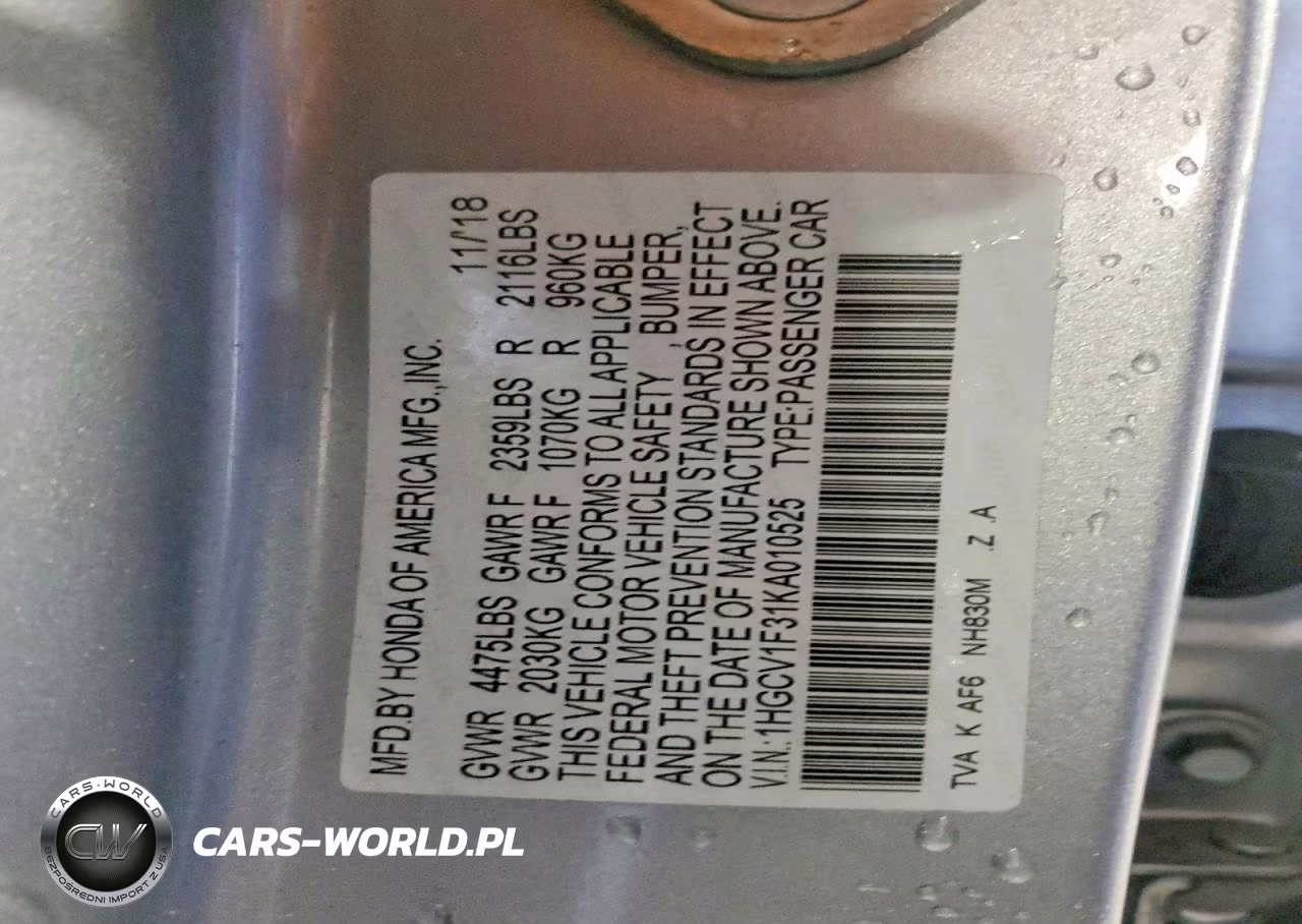 2019 Honda Accord Sport VIN:1HGCV1F31KA010525 - 12