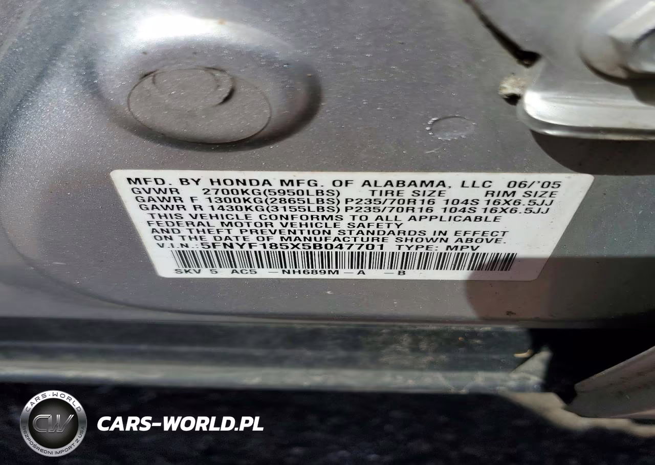 2005 Honda Pilot Exl VIN:5FNYF185X5B047701 - 13