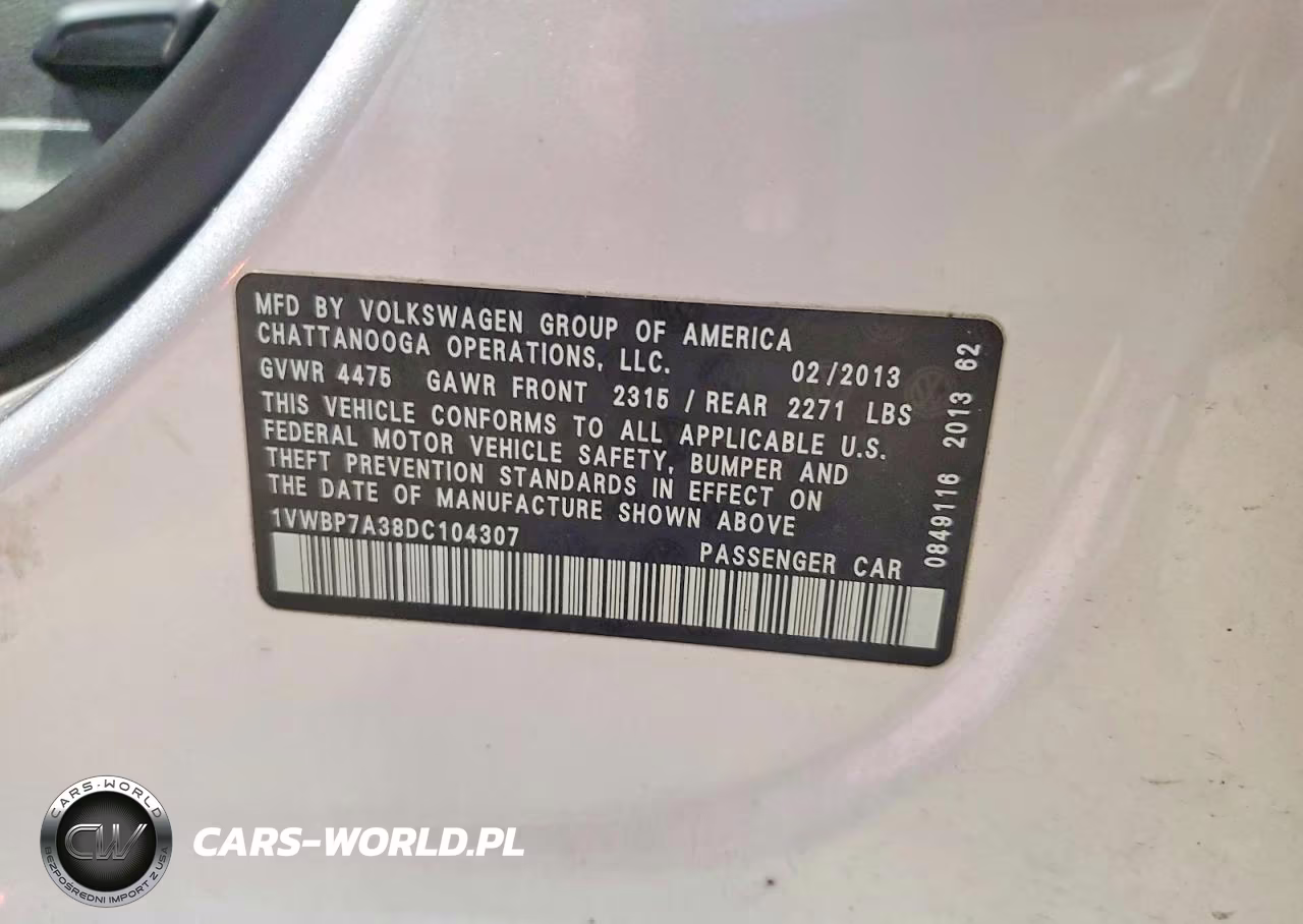 2013 Volkswagen Passat Se VIN:1VWBP7A38DC104307 - 12