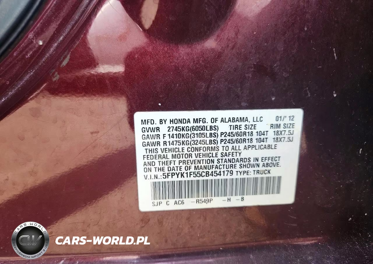 2012 Honda Ridgeline Rtl VIN:5FPYK1F55CB454179 - 12