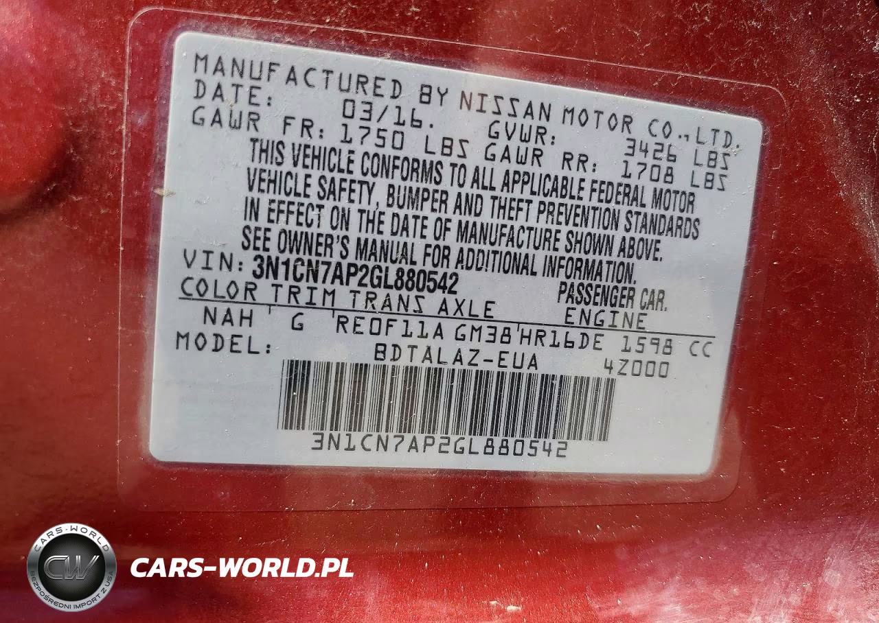 2016 Nissan Versa 1.6 S Plus VIN:3N1CN7AP2GL880542 - 12