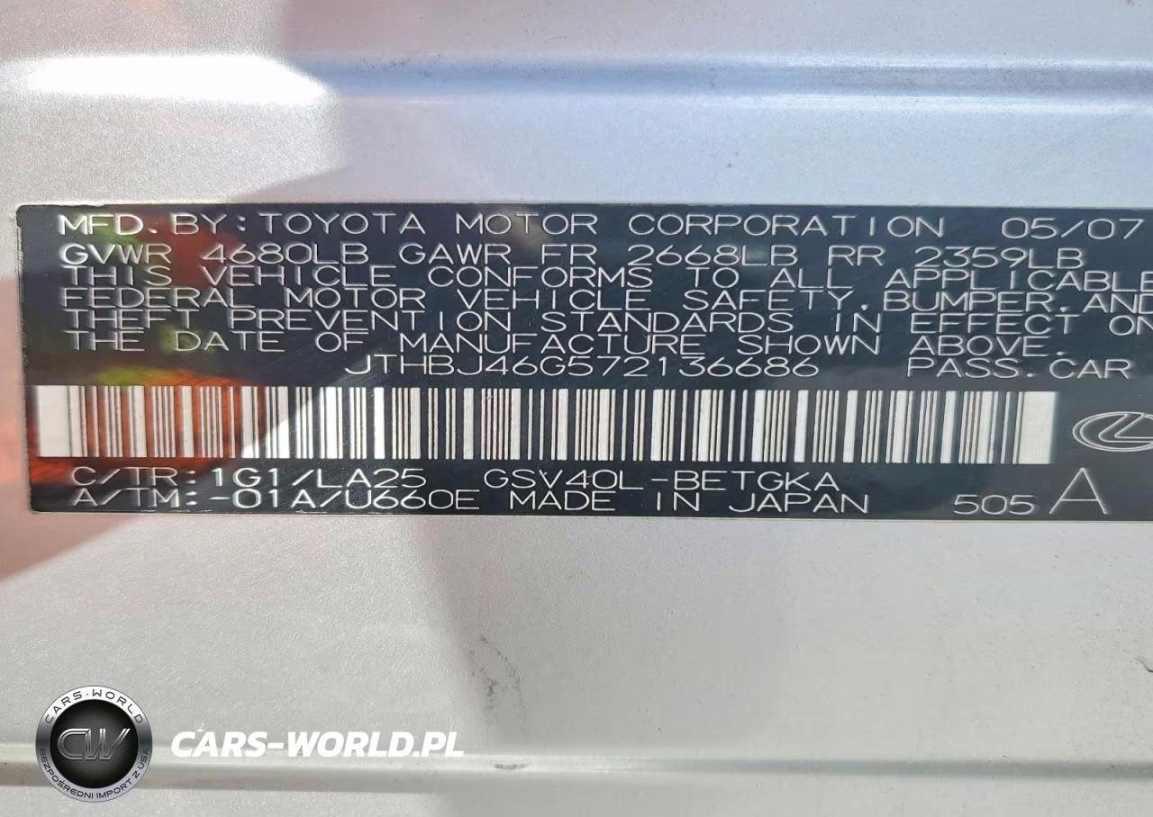 2007 Lexus Es 350 VIN:JTHBJ46G572136686 - 13
