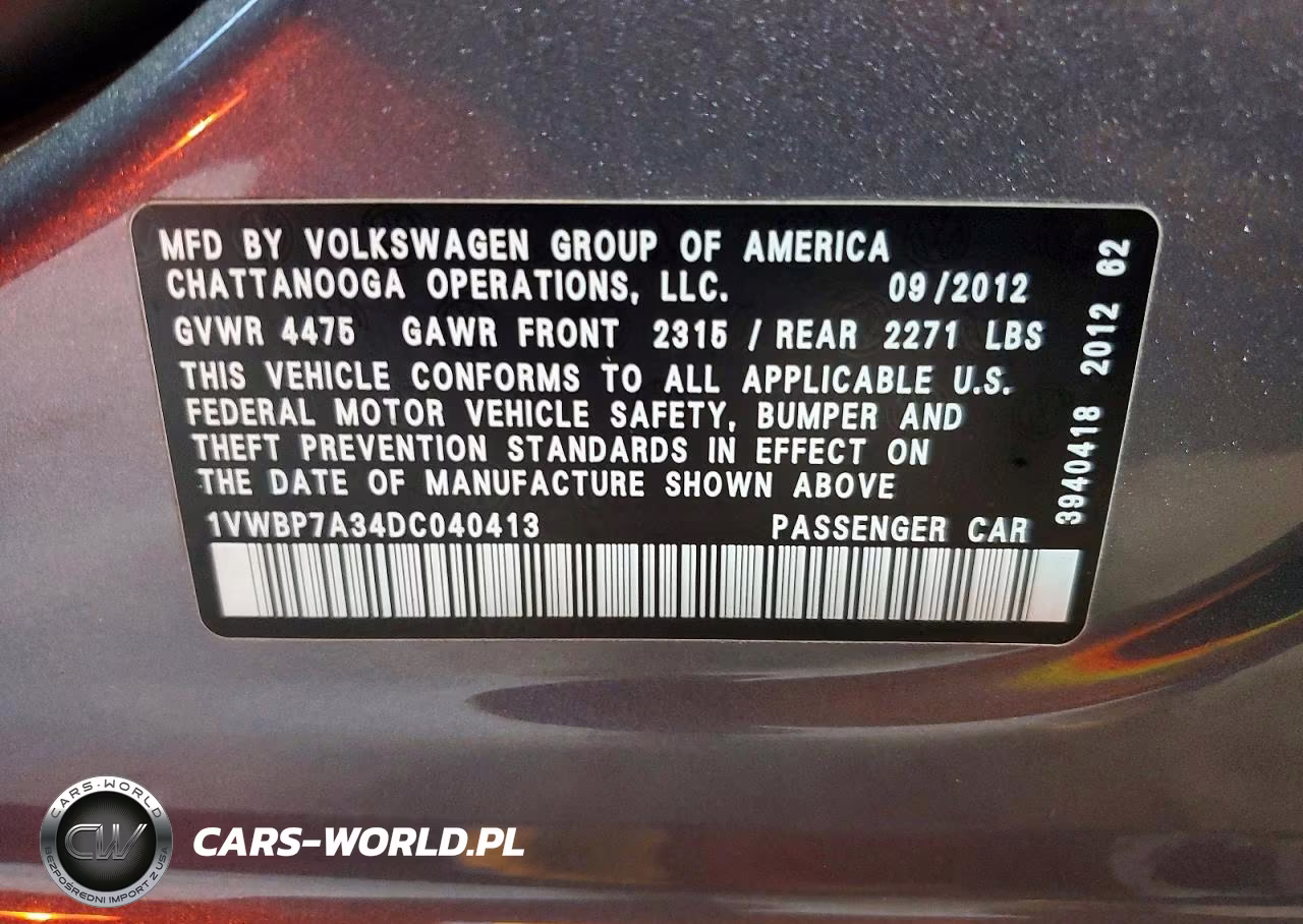 2013 Volkswagen Passat Se VIN:1VWBP7A34DC040413 - 13