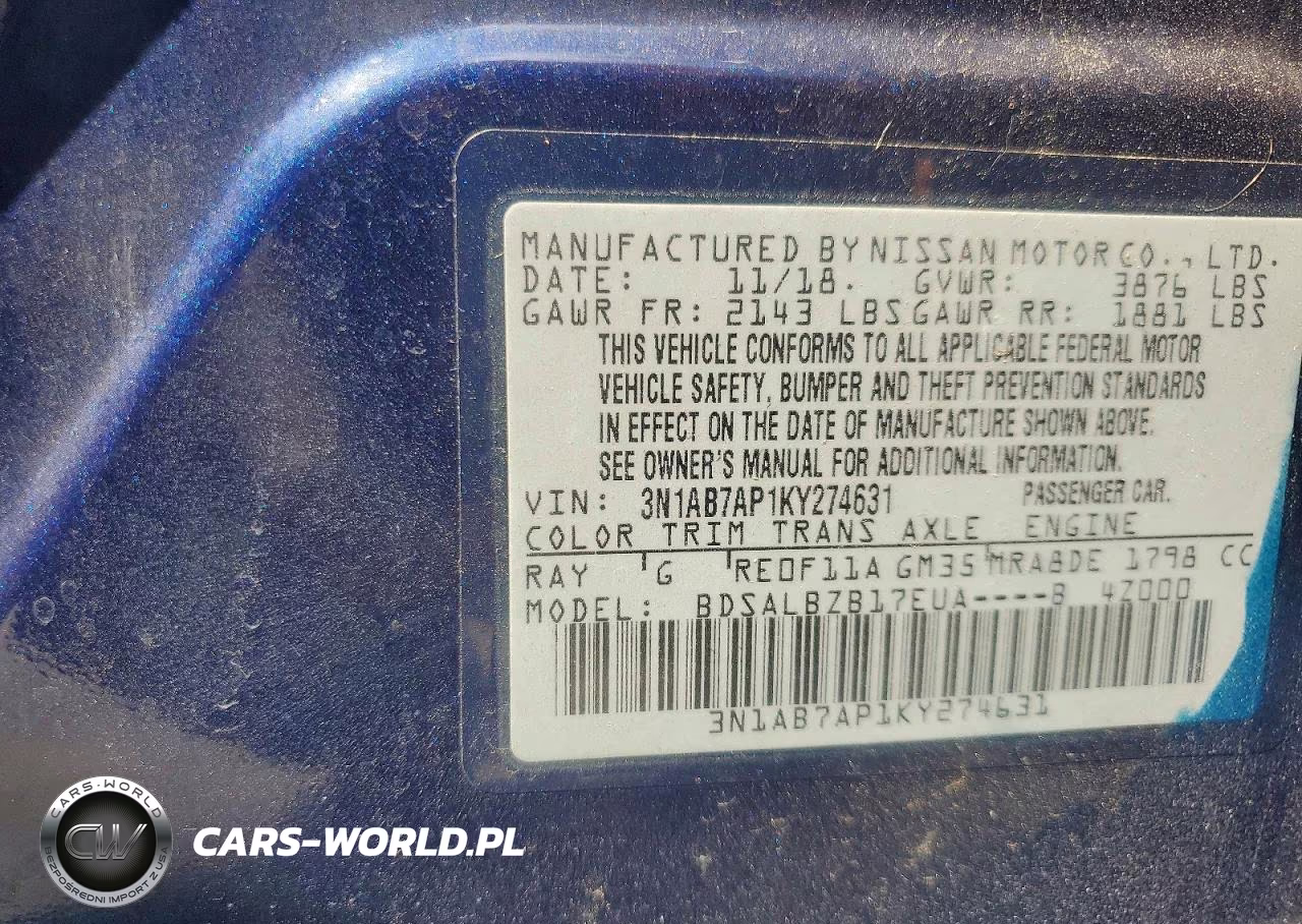 2019 Nissan Sentra S VIN:3N1AB7AP1KY274631 - 13